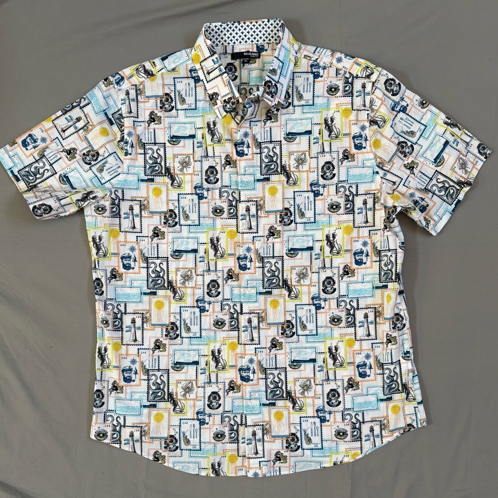 Murano Men's‎ Blue and Yellow Graphic Print Shirt